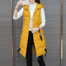 Women's Vests Women Padded Down Long Jacket Sleeveless Zipper Cardigan Lace Up Decoration Coat Lady Winter Warm Solid Colour Drawstring