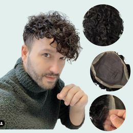 Malaysian Virgin Human Hair Piece #1b 19mm Curl 7x9 Full Lace Toupee Male Wigs for Men