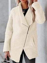 Women's Fur Winter Sherpa Fleece Coat Vintage Faux Jacket Lapel Asymmetrical Chic Zipper Cardigan Women Fluffy Teddy Tops