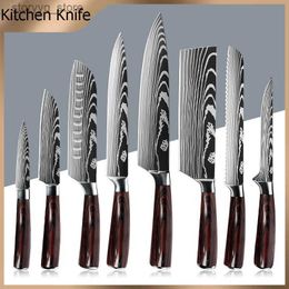 Kitchen Knives Chef Knife Set Stainless Steel Laser Damascus Pattern Kitchen Knives Japanese Santoku Utility Knife Meat Cleaver Fruit Slicing Q240226