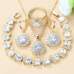 Necklace Earrings Set Simple Round Bridal Four-Piece Suit White Zircon Crystal Gold Color Women Dangle Earrings/Bracelet/Ring 6-Colors