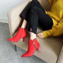 Boots 2024 Fashion Pointed Toe Solid Color Suede Side Zipper Stiletto High Heel Comfortable And Elegant Ladies Ankle