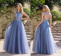 Ocean Blue Hollow Backless Prom klänningar En linjeapplikationer ren juvel hals tyll långa aftonklänningar med applikationer CPS3039