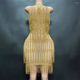 Casual Dresses Golden Rhinestones Crystals Tassels Chain Sexy Backless Dress Evening Party See Through Performance Nightclub Dancer Costume