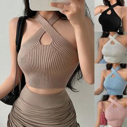 Sexy Cross Tank Top Crop Top Womens Sports T-shirt Knitted Shoulder V-neck Solid Backless Tank Top with Y2K Top Tank Top 2022 240227