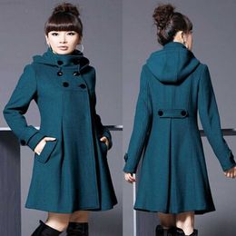 Cappotto di lana da donna, cappotto di lana medio e lungo, mantello doppiopetto con cappuccio, giacca a vento da donna