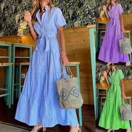 Fashionable Women's Striped Loose Short Sleeve Midi Dress for an Elegant and Commuting Look Available in Purple Green Blue Sizes S-XXL AST48982