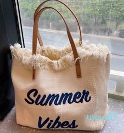 Large Capacity Canvas Bag Embroidered Letter Tote Handbag Women's Woven Beach Shoulder Bag Bags