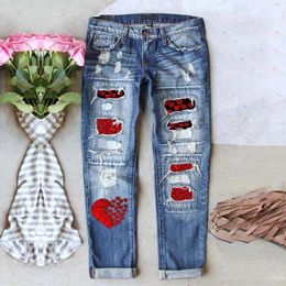 Women's Jeans Fashion Printed Holes Size 16 Pants Comfortable Valentine Love Casual Ladies Denim Vestidos Para Mujer