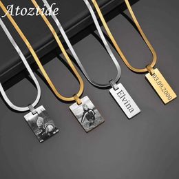 Pendant Necklaces Atoztide Personalised Engrave Picture Name Necklace Stainless Steel for Women Strip Heart Blade Chain Pendant Jewellery Gift 240227