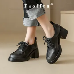 Dress Shoes Taoffen Casual Loafers For Women Genuine Leather Solid Square Heel Anti-slip Thick Sole Fashion Round Toe Lace-up Office