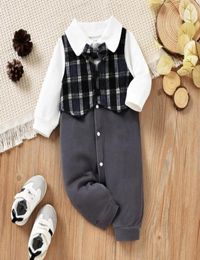 Jumpsuits Spring Autumn Fashion Born Baby Boys Gentleman Formal Suit Romper Long Sleeve Jumpsuit Bow Tie Tuxedo Outfit Clothes9950091