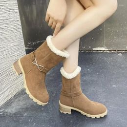 Boots Shoes For Women Mid Calf Brown Round Toe Half High Womens Snow Elegant With Medium Heels Suede Anti Skid Protective Boot