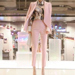 Women's Two Piece Pants Pieces Set Autumn Business Pink Formal Suits Jackets For Women Work Office Long Sleeve Trouser Suit Nine 2024