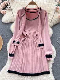 Work Dresses SINGREINY Korean Style Chic Suits Hollow Out Thin Loose Cardigan Tank O Neck A Line Pleated Dress Autumn Sweet Gentle Knit Sets