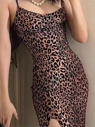 Casual Dresses Sexy Leopard Print Suspender Dress Women Off Shoulder Sleeveless High Waist Bodycon Split Midi Female 2024 Spring Robe