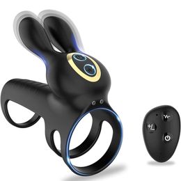 Vibrating Silicone Rings 10 Modes Rabbit Vibrator Clit Stimulation Massage Adult Sex Toys For Men Delay Ejaculation