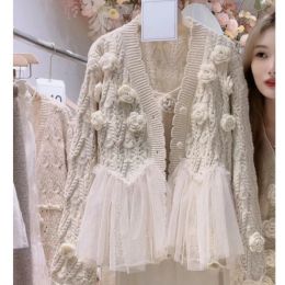 Cardigans Women 3D Flowers Crocheted Mesh Ruffles Stitching Sweater Coat Gauze Ruched Spliced Hooked Knitted Cardigan Knitwear+Camis 2pcs