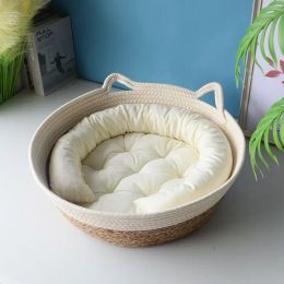 Mats OUZEY Rattan Woven Pet Cat Bed With Cushion Soft Warm Comfortable Sleeping Basket For Cats Four Seasons Puppy Kitten Bed