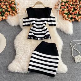 Work Dresses Women Striped Buttock Skirt Suits Sexy Off Shoulder Slim Tight Knit Top Korean Fashion Girl Two Piece Skirts Sets