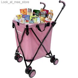 Shopping Carts Pink four wheeled supermarket grocery shopping cart compact folding practical handcart with lid Q240227