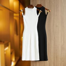 Designer Dress, Trendy 2024 Robe, Sleeveless Round Neck Drawstring Waistband Knitted Dress with Button Decoration and Fashionable Skirt Lining