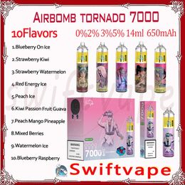 Original Airbomb Tornado 7000 Puff Disposable E Cigarette 10 Flavors 0% 2% 3% 5% 14ml Pod Rechargeable Battery 650mAh 7k Puffs Vape Pen