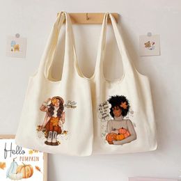 Shopping Bags Hello Fall Girls Print Shouder Bag Pumpkin Thanksgiving Halloween Canvas Tote Aesthetics Autumn Festive Gift For Her