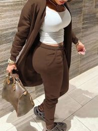 Sets LW Plus Size Drawstring Pocket Design Pants Set Autumn Winter Solid Colour Long Coat & Drawstring Bottoms Two Piece Set for Women