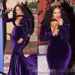 Modest Purple Velvet Prom Dresses Long Sleeves 2020 Plunging V Neck Mermaid Sweep Train Custom Made Evening Gowns Formal Occasion 262B