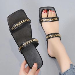 Slippers Chain Flat Women's 2024 Casual Square Head Flip-Flops Shoes Comfortable Beach Trend