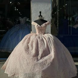 Light Pink Sweet 16 Quinceanera Dress Off Shoulder Appliqued Lace Beads Ball Gown Princess Party Birthday Dress Vestidos 15 De