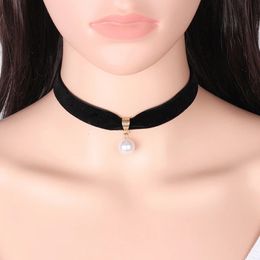 Poputton White Imitation Pearl Bead Choker Chain Necklace For Women Fashion Black Velet Chain Bead Neck Choker Necklaces Jewellery 240222