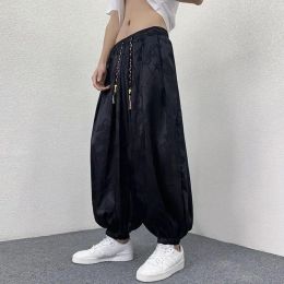 Pants Ice Silk Dragon Pattern Legged Pants Men's Bloomers Retro Casual Harajuku Wideleg Trousers Fashion Loose Hiphop Jogging Pants