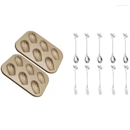 Forks 5Spoon 5Forks Stainless Steel Leaf Coffee Cake Spoon Fork & 2 Pack Madeleine Mould Pan