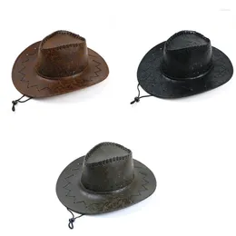 Berets Vintage Western Cowboy Hat Cowgirl With Rope Windproof For Sun Wide Brim Jazz Outdoor Hiking Camping Rid