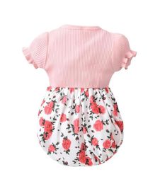 Jumpsuits Infant Summer Rompers Rose Print Splicing ONeck Short Puff Sleeves With Crotch Button For Baby Girls 012 Months9343725