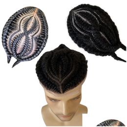 Men'S Children'S Wigs Indian Virgin Human Hair Replacement 1B Black Root Afro Corn Braids 8X10 Fl Lace Toupee Male Topper For Man Dhlyc