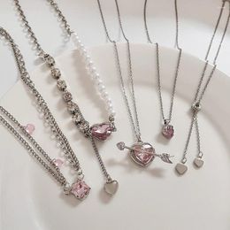 Pendant Necklaces Geometric Heart Lover Pink Crystal Necklace Collar For Women Luxury CZ Zirconia Anniversary Jewellery Gifts