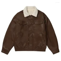 Men's Jackets Harajuku Hip Hop Streetwear Oversized PU Leather Thicken Warm Reversible Parkas 2024 Mens Winter Lamb Wool Padded Jacket Coat