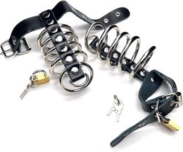 Ajuastable Deluxe Leather BDSM Bondaged Chastity Cage for Men 5 Stainless Steel Rings Gates of Cock Ball with Lock for Men Sex Toys