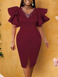 Plus Size Dresses Elegant Women Party Dress Beaded V Neck Ruffle Sleeve Bodycon Burgundy Classy Evening Dinner Birthday Outfits