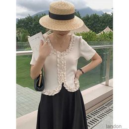 Black fungus lace round neck hem with split vertical pit stripe short knit sweater summer slim fit short sleeved pullover solid Colour top for women