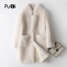 Fur PUDI A17833 Real Wool Fur Coat Jacket Over Size Parka Women's Winter Warm Genuine Fur Coats Cream Color