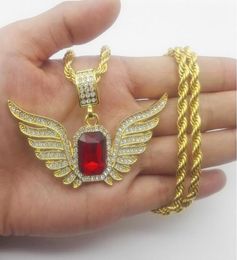 top necklace gift God Angel Wings with Big Red Stone Pendant Necklace Men Women Iced Out Jewelry8928429