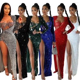Work Dresses Two Piece Sets Bodysuit Sexy Women Sequin Dress Rompers Solid Slim Fit Sheath Full Sleeve Hip Wrap Set Party Gown