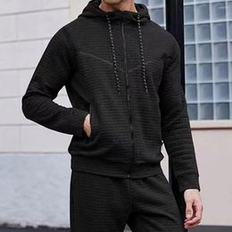 Men's Hoodies Men Solid Colour Sweatshirt Autumn Winter Hooded With Zipper Placket Waffle Texture Sport Coat Jogging Suit