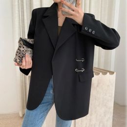 Blazers Women Black Oversize Casual Jacket New Lapel Long Sleeve Loose Blazer Fashion Pin Office Ladies Suits Coat Spring Autumn 2023