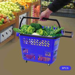 Shopping Carts 35L 6-piece shopping cart with wheels and handles blue plastic rolling portable basket set suitable for supermarkets retail stores Q240227