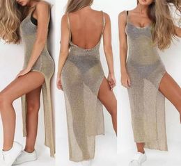 Women Sexy Summer Sunscreen Sheer Mesh Bikini Cover Up Metallic Solid Color Backless High Slit Beach Club Party Sleeveless Dress8061233